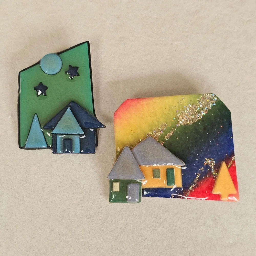 Vintage House Pins by Lucinda Resin Rainbow Night Landscape Glitter Brooch Set
